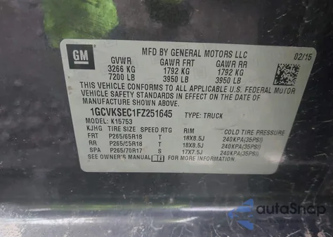 2015 Chevrolet Silverado 1500 2Lz from USA, damaged, VIN 1GCVKSEC1FZ251645